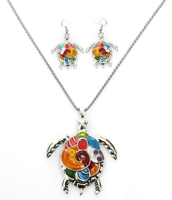 High Profile Fashion Punk Dripping Oil Rainbow Turtle Necklace And Earrings Suite
