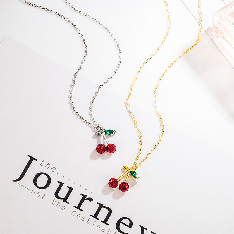 Sweet Cherry Pendant Necklace Mori Style Simple Full Diamond