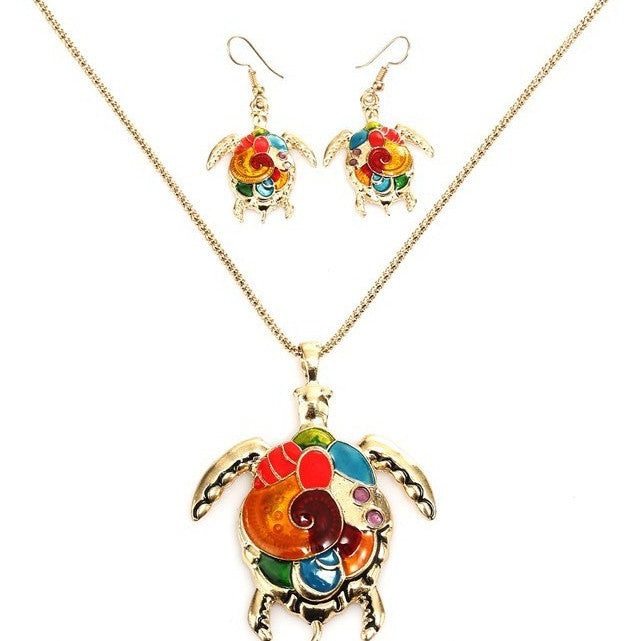 High Profile Fashion Punk Dripping Oil Rainbow Turtle Necklace And Earrings Suite